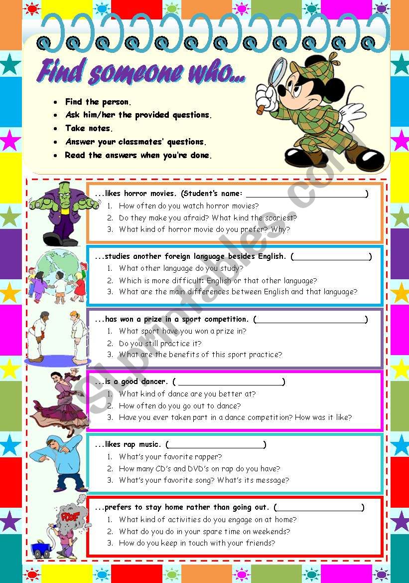 Find someone who â€“ conversation cards / speaking activities [6 cards + instructions] ***editable